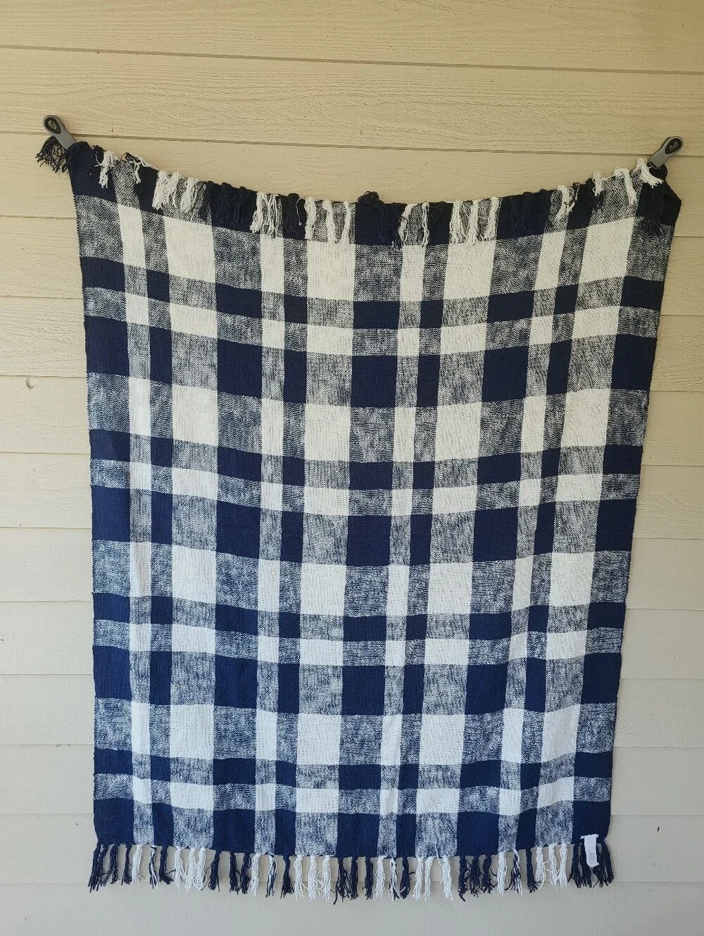 Pottery Barn Navy & White Plaid 100% Cotton Throw Blanket 50x60 Fringe